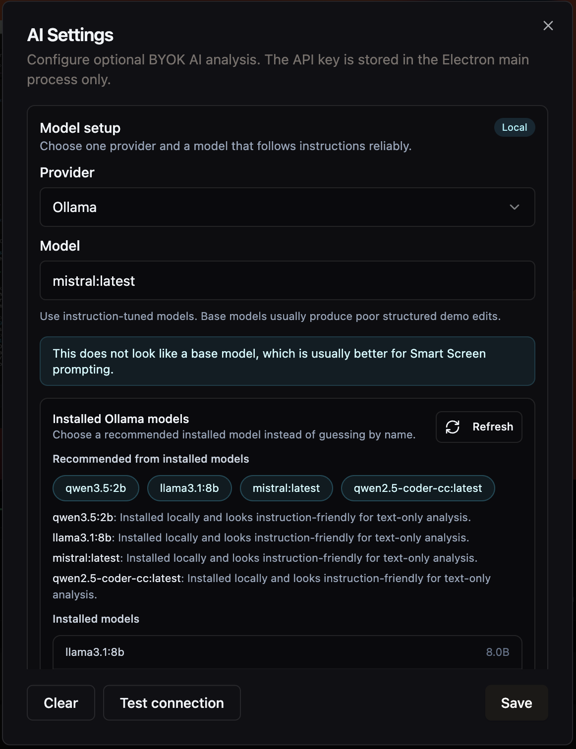 AI settings and provider options inside Smart Screen