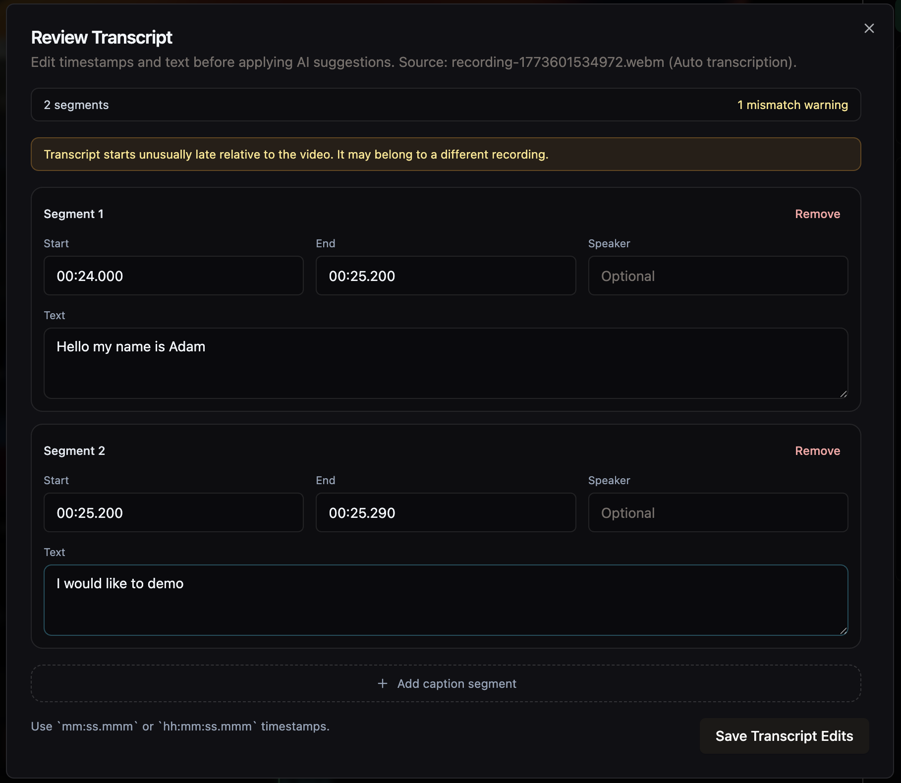 Transcript and caption editing interface inside Smart Screen