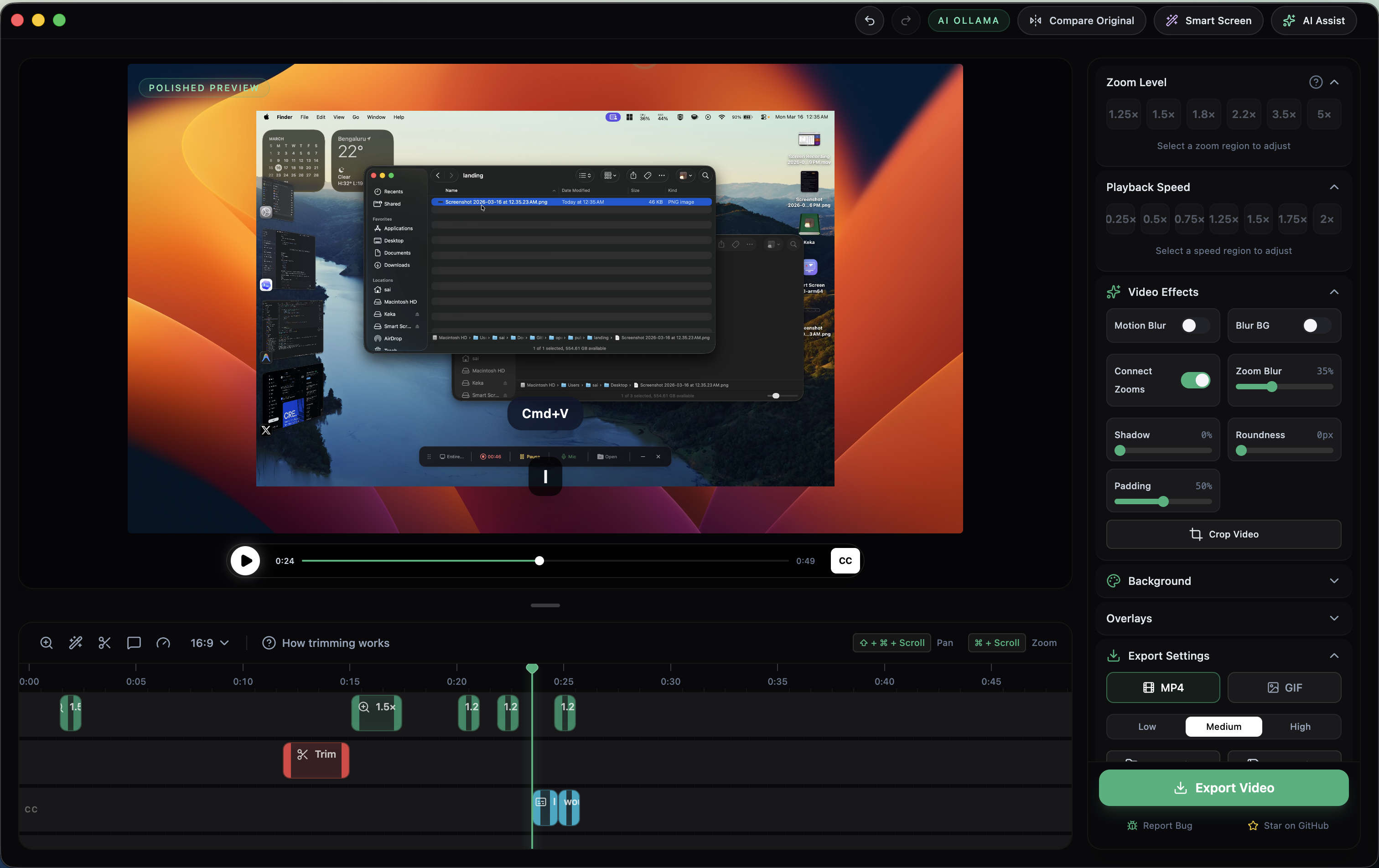 Smart Screen timeline editor with zoom and captions tracks