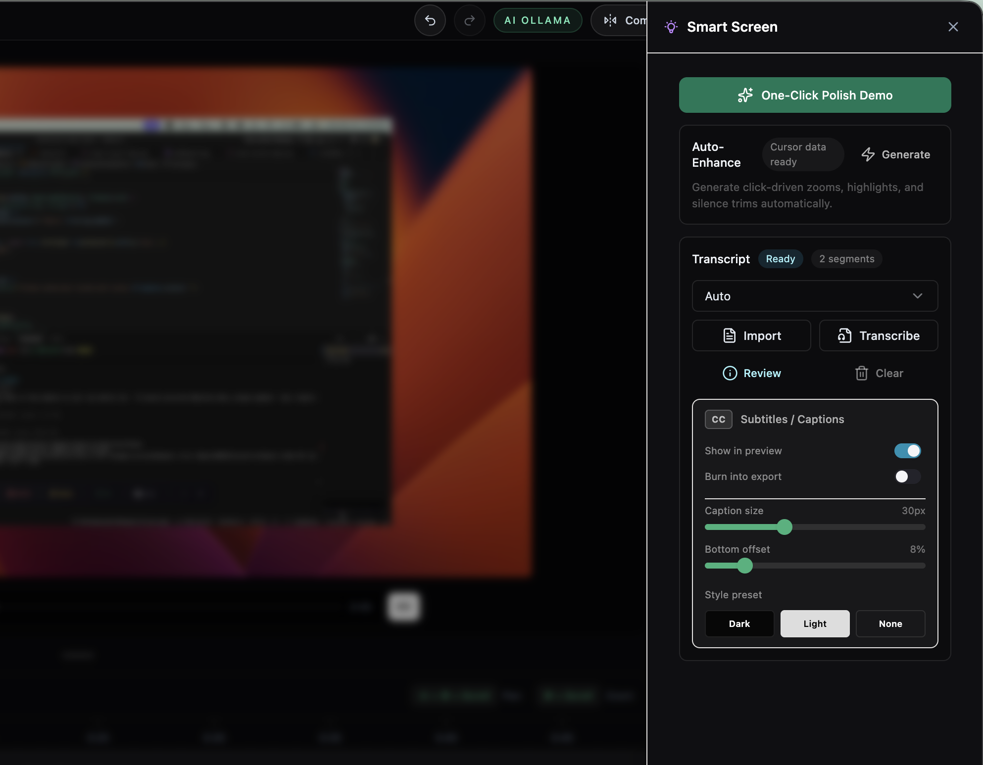 Smart Screen options panel with smart polish controls